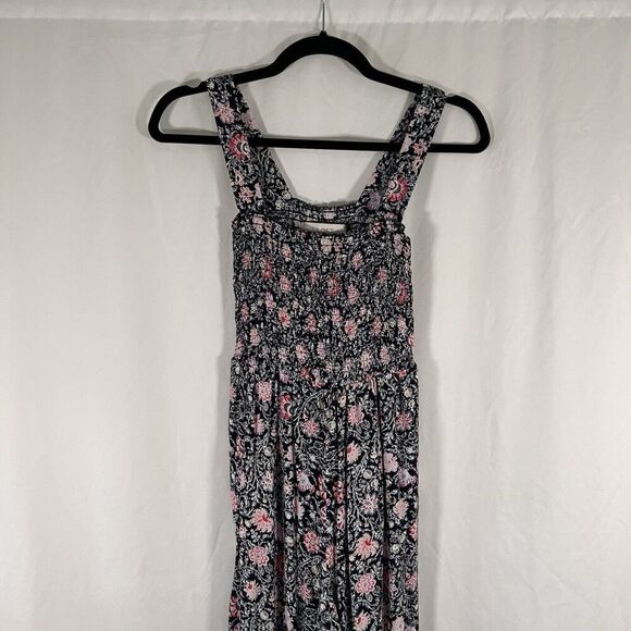 LOFT Jumpsuit Women's XS Black Pink Floral Sleeveless Smocked Top Lightweight - Picture 2 of 9